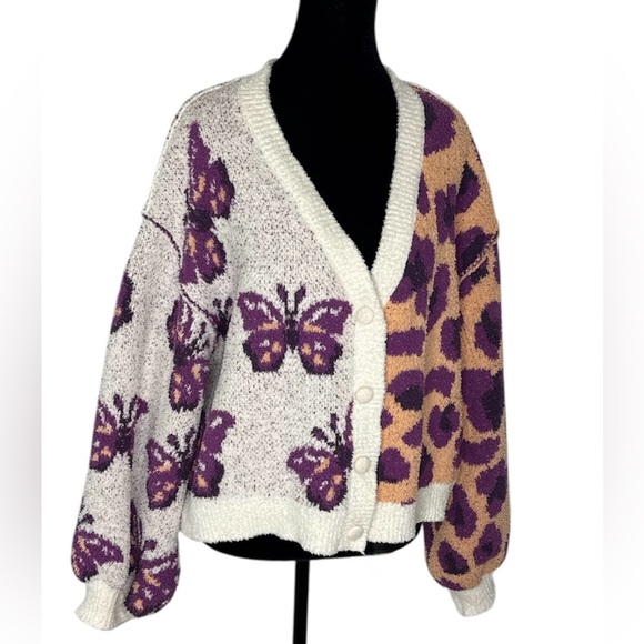 POL Butterfly & Leopard Colorblock Cardigan Sweater Oversized Boho Cozy - Picture 2 of 6